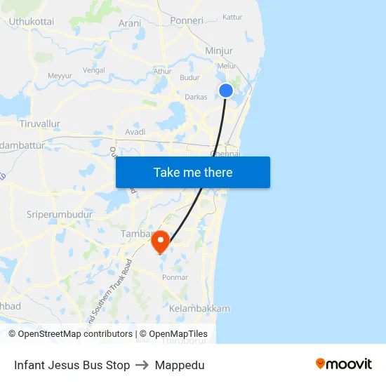 Infant Jesus Bus Stop to Mappedu map