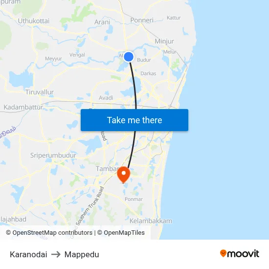 Karanodai to Mappedu map