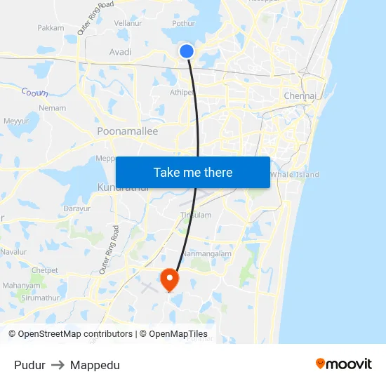 Pudur to Mappedu map