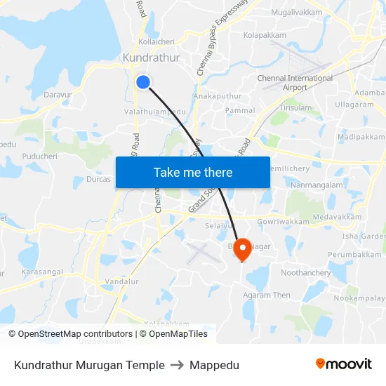 Kundrathur Murugan Temple to Mappedu map