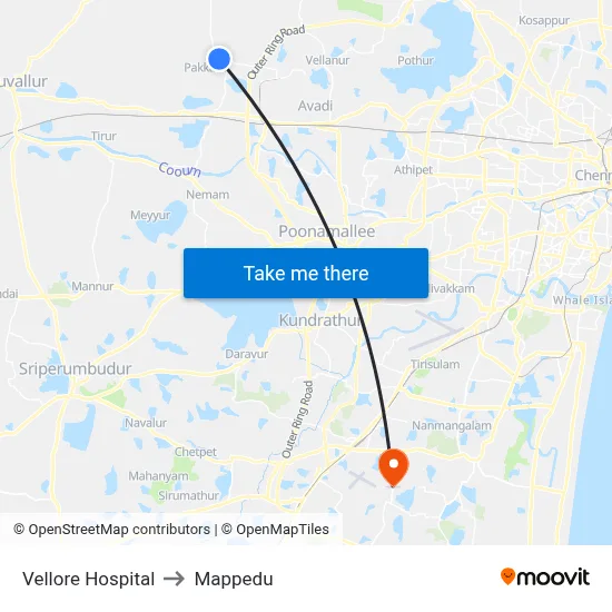 Vellore Hospital to Mappedu map