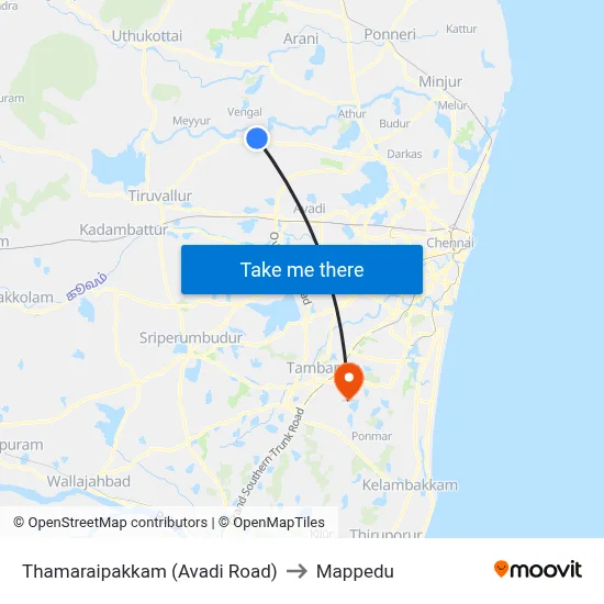 Thamaraipakkam (Avadi Road) to Mappedu map