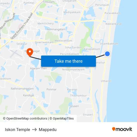 Iskon Temple to Mappedu map