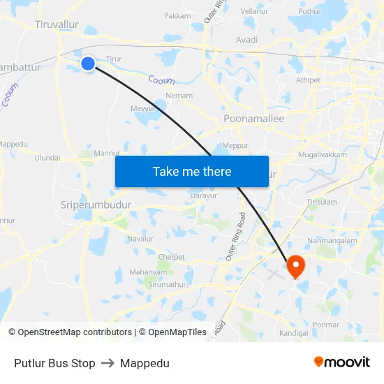 Putlur Bus Stop to Mappedu map