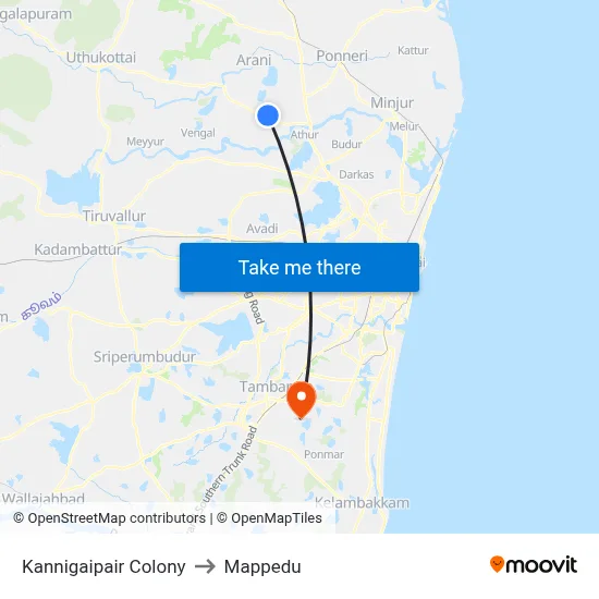 Kannigaipair Colony to Mappedu map