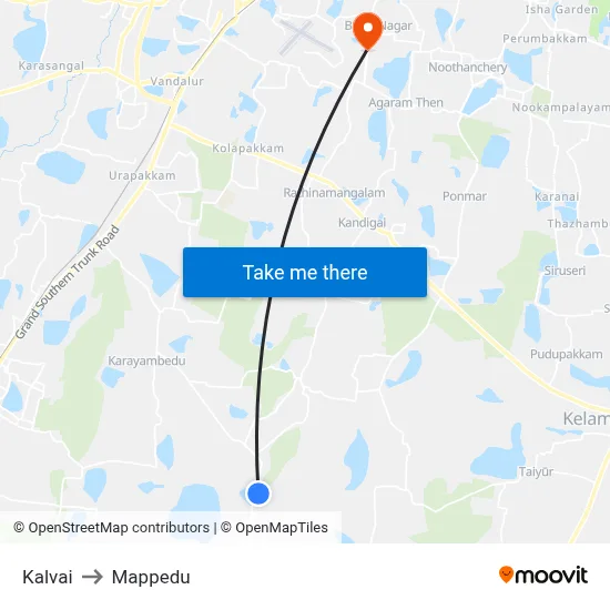 Kalvai to Mappedu map