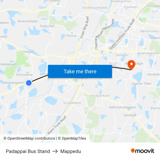 Padappai Bus Stand to Mappedu map