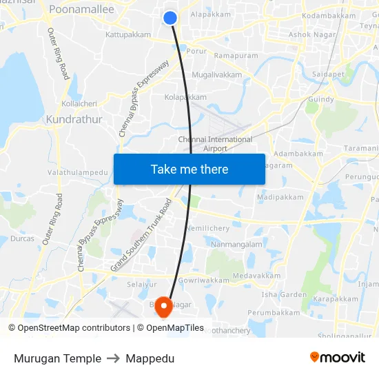 Murugan Temple to Mappedu map