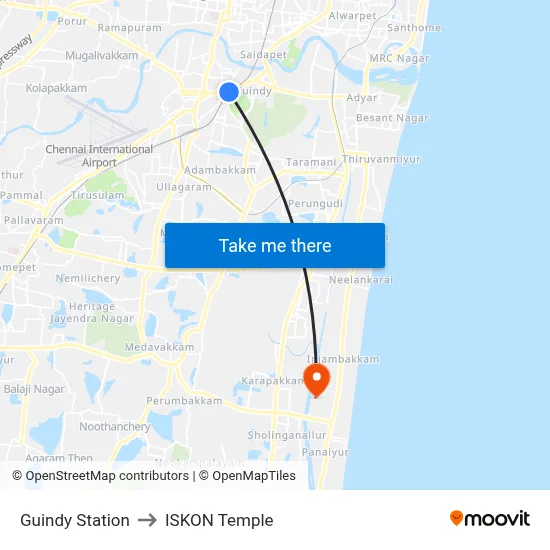 Guindy Station to ISKON Temple map