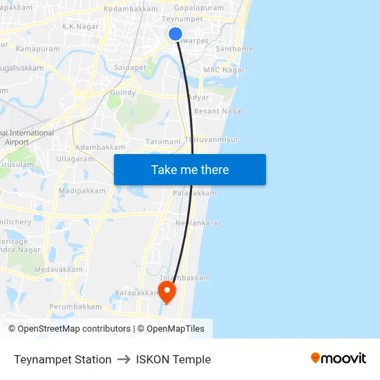Teynampet Station to ISKON Temple map