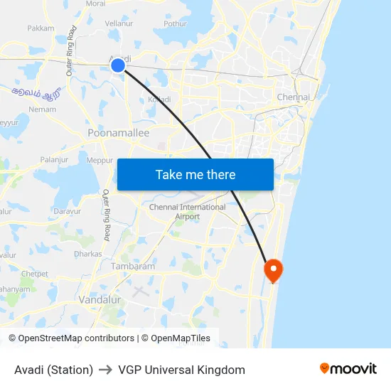 Avadi (Station) to VGP Universal Kingdom map