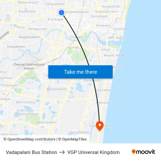Vadapalani Bus Station to VGP Universal Kingdom map