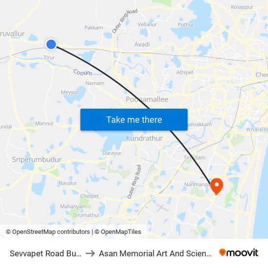 Sevvapet Road Bus Stop to Asan Memorial Art And Science College map