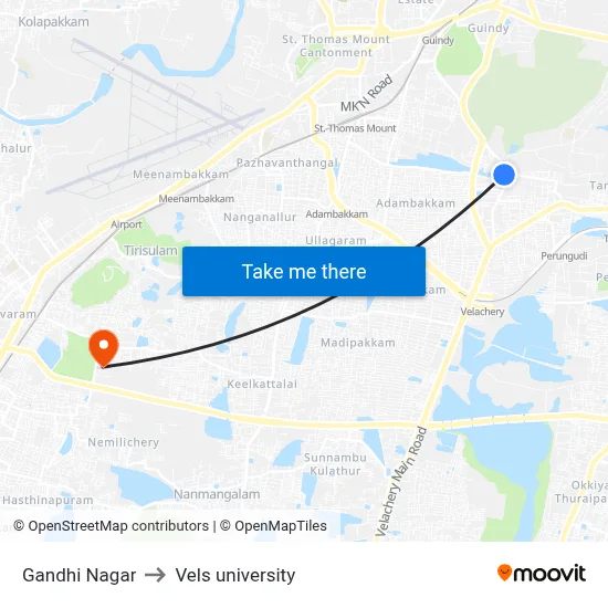 Gandhi Nagar to Vels university map