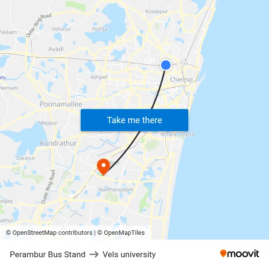 Perambur Bus Stand to Vels university map