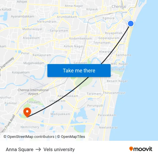 Anna Square to Vels university map