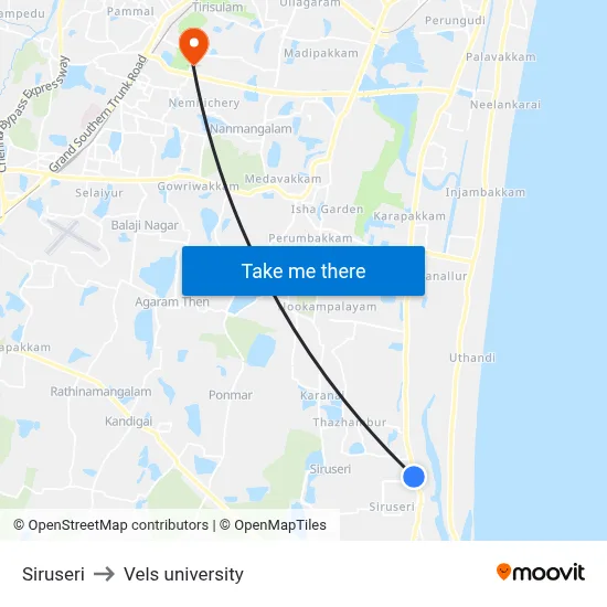 Siruseri to Vels university map