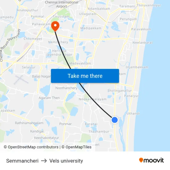 Semmancheri to Vels university map