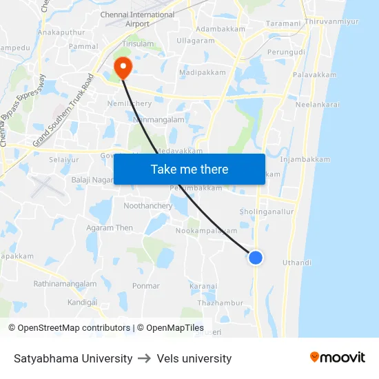 Satyabhama University to Vels university map