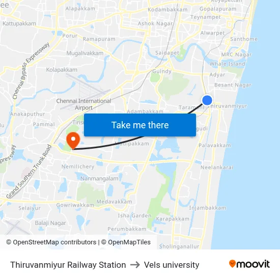 Thiruvanmiyur Railway Station to Vels university map