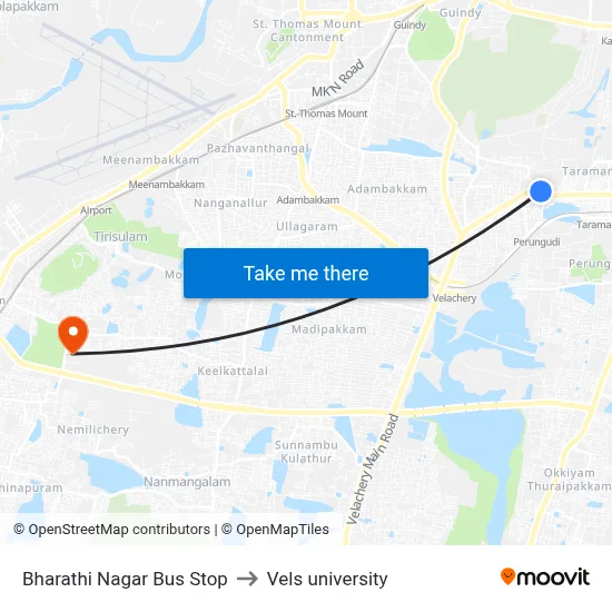 Bharathi Nagar Bus Stop to Vels university map