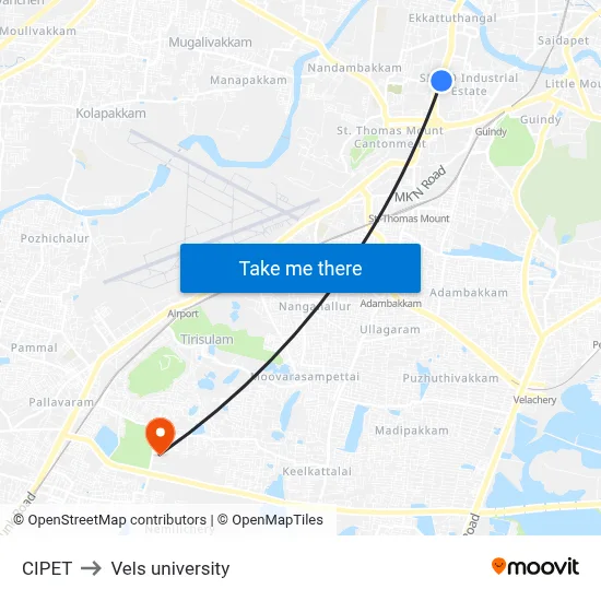 CIPET to Vels university map