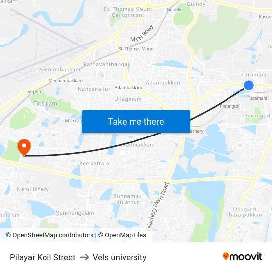 Pilayar Koil Street to Vels university map