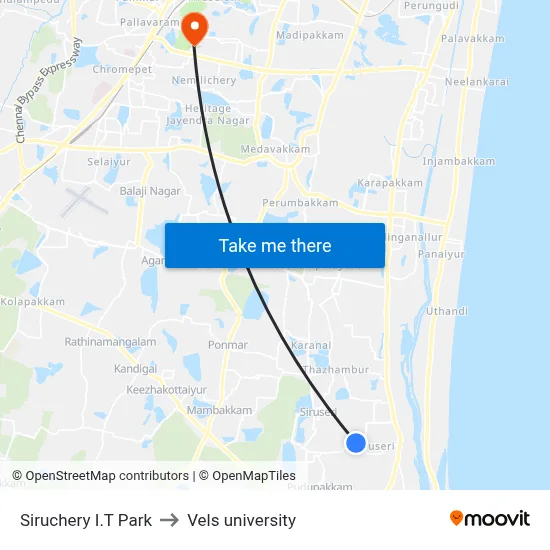 Siruchery I.T Park to Vels university map