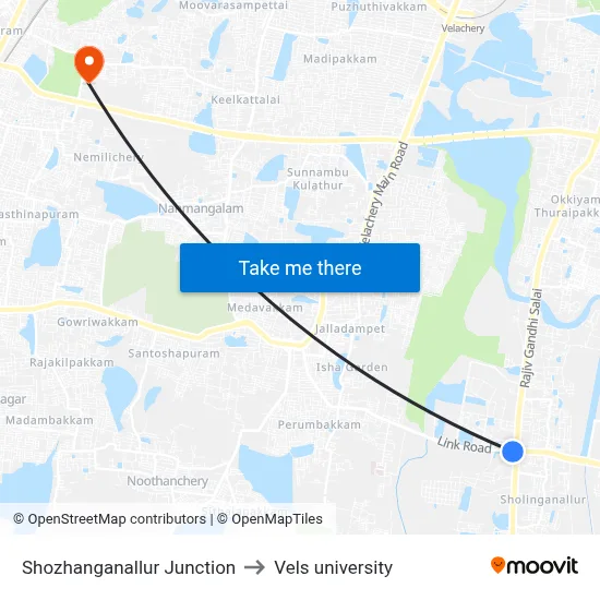 Shozhanganallur Junction to Vels university map