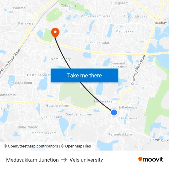 Medavakkam Junction to Vels university map