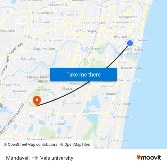 Mandaveli to Vels university map