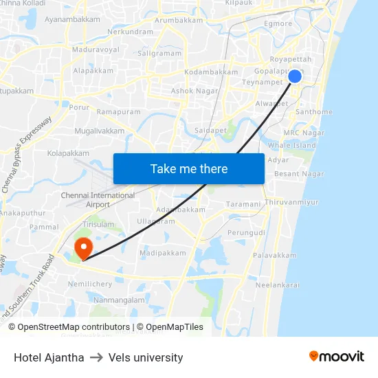 Hotel Ajantha to Vels university map