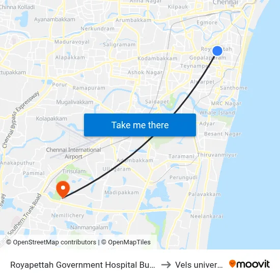 Royapettah Government Hospital Bus Stop to Vels university map