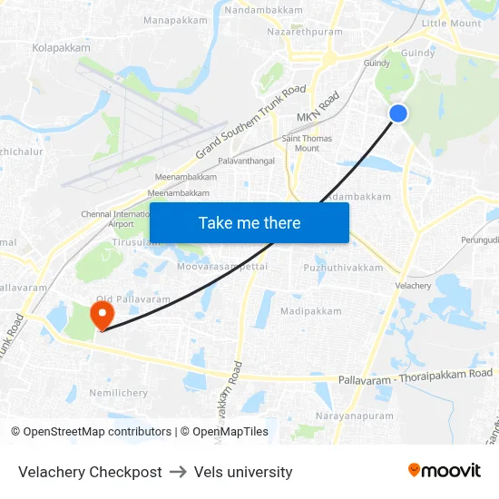 Velachery Checkpost to Vels university map