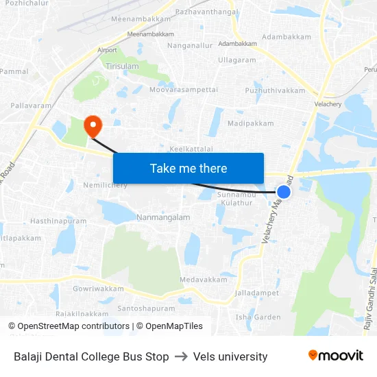 Balaji Dental College Bus Stop to Vels university map
