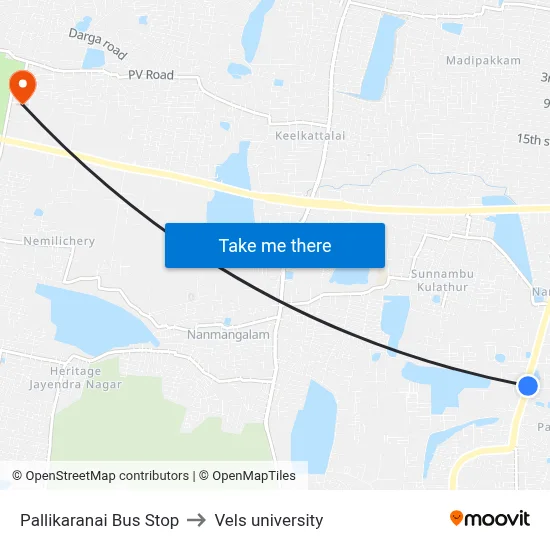 Pallikaranai Bus Stop to Vels university map