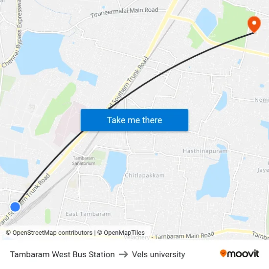 Tambaram West Bus Station to Vels university map