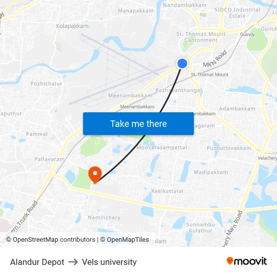 Alandur Depot to Vels university map