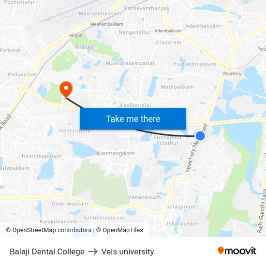 Balaji Dental College to Vels university map