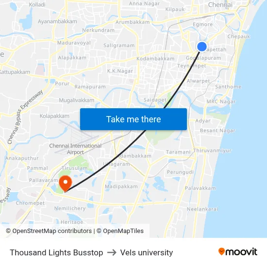 Thousand Lights Busstop to Vels university map