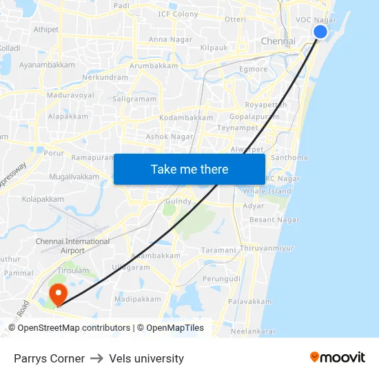 Parrys Corner to Vels university map