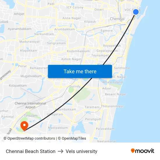 Chennai Beach Station to Vels university map
