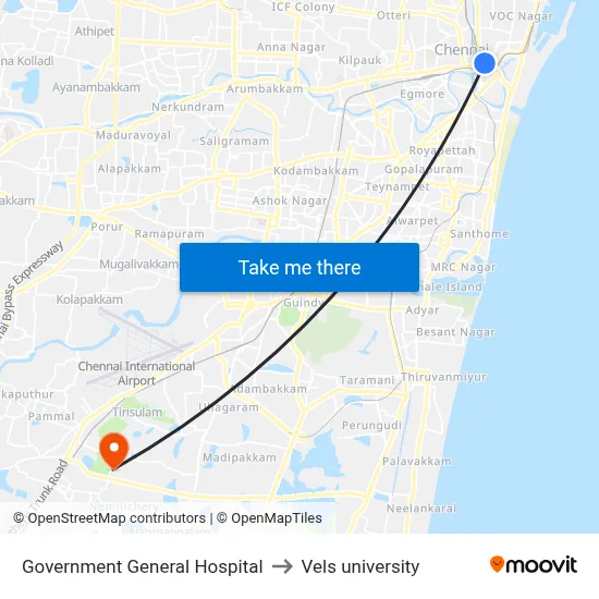Government General Hospital to Vels university map