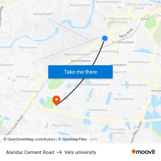 Alandur Cement Road to Vels university map