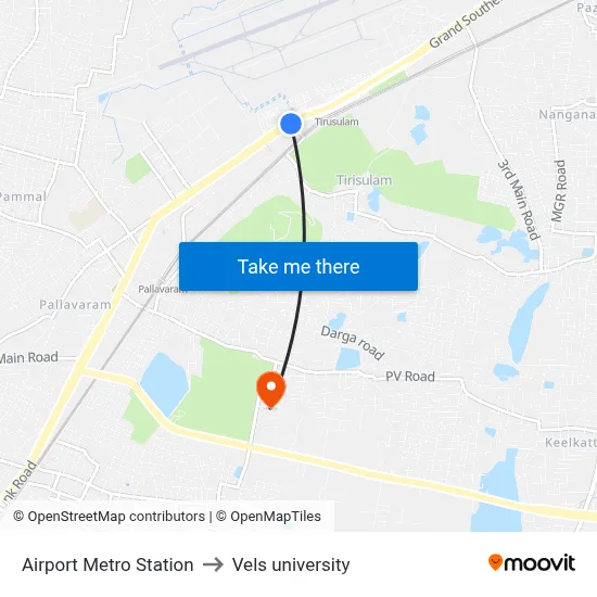 Airport Metro Station to Vels university map