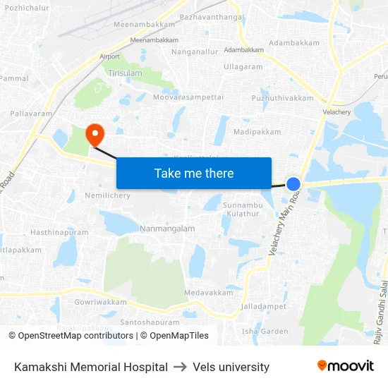 Kamakshi Memorial Hospital to Vels university map