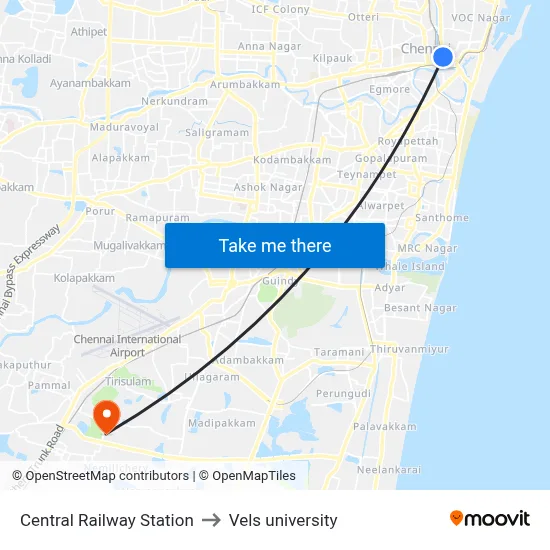 Central Railway Station to Vels university map