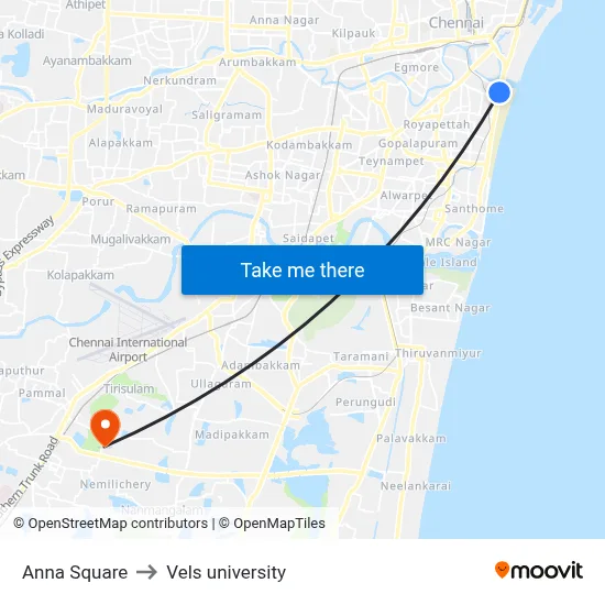 Anna Square to Vels university map