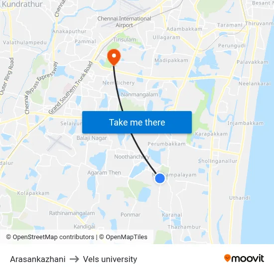 Arasankazhani to Vels university map
