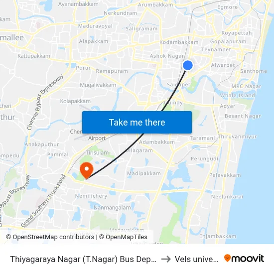 Thiyagaraya Nagar (T.Nagar) Bus Depot Corner to Vels university map